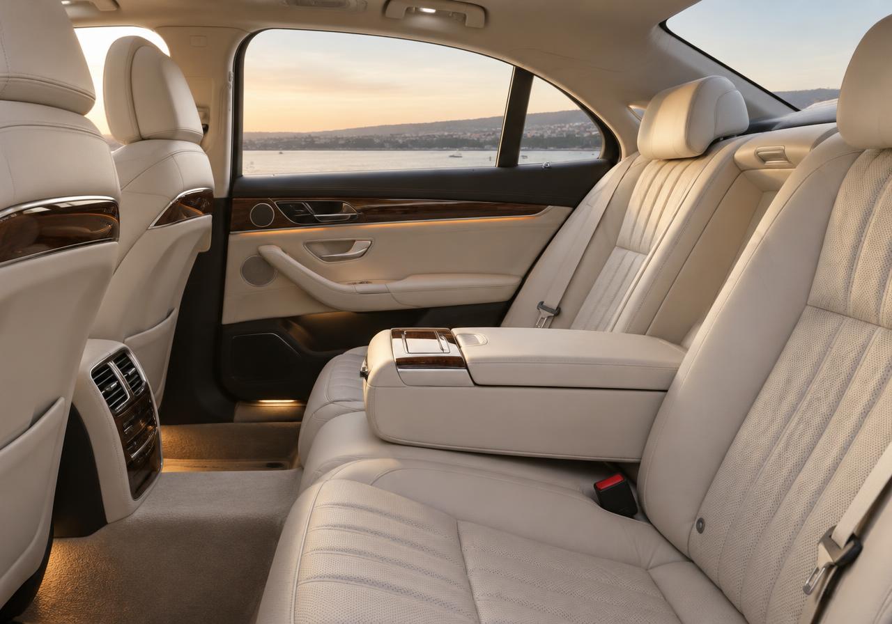 Spacious ivory leather seating in a luxury passenger cabin